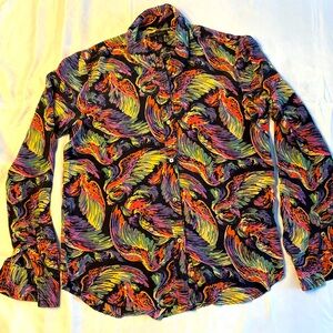 True Religion Womens Angel Wings Printed Silk Shirt Button Up Long Sleeve Sz M
